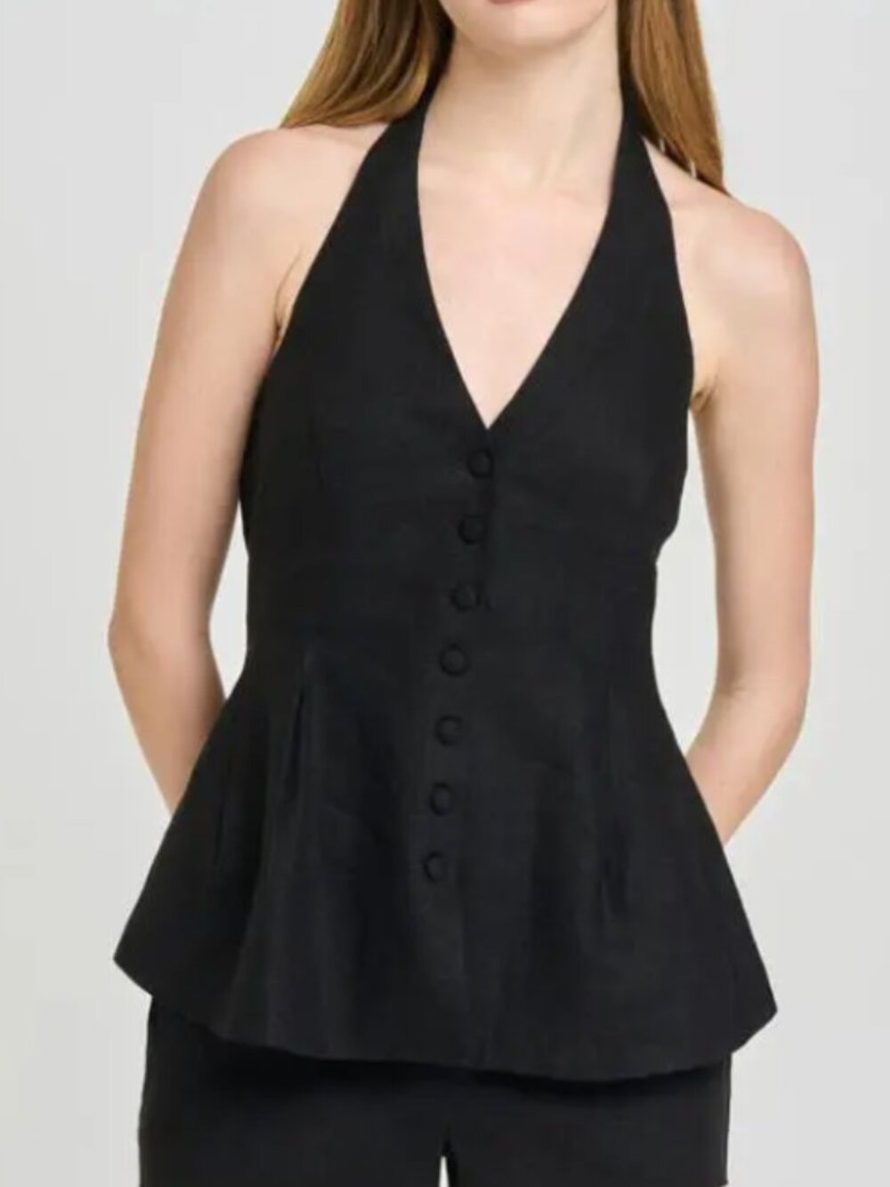 WAYF Paloma Button Up Peplum Halter Top – Black – Medium – Linen Blend